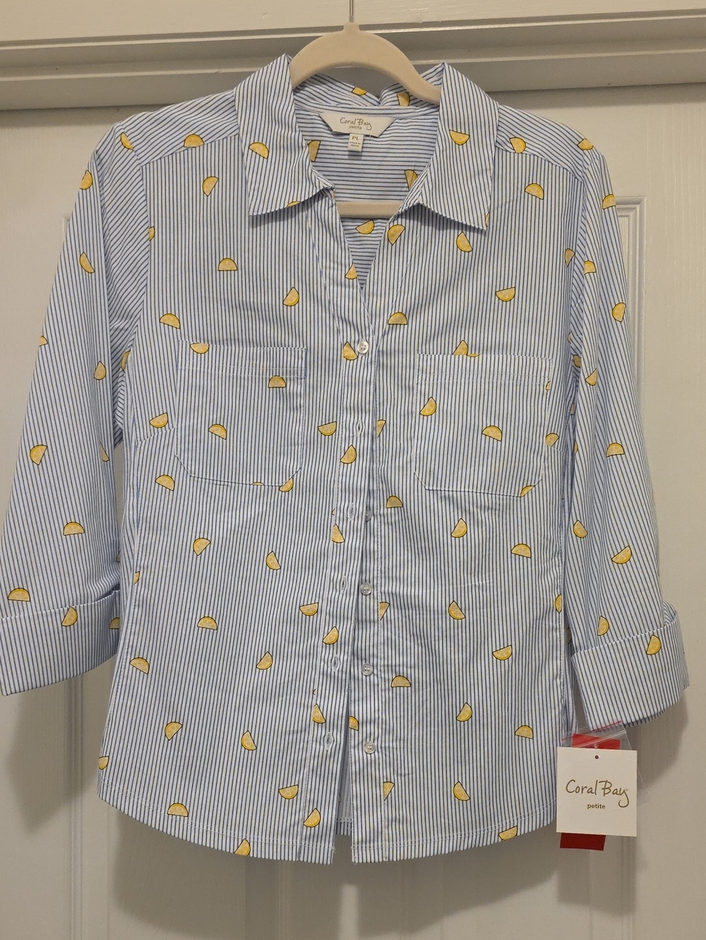 Coral Bay Blue & White Stripe Button-Down Shirt with Yellow Lemon Motif